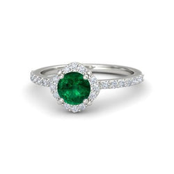 Bague Solitaire Avec Accents 3.40 Ct Émeraude Vert Et Diamants Or Blanc 14K