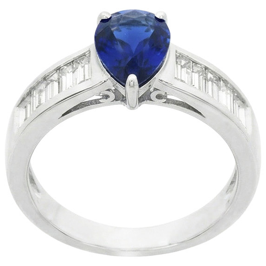 Bague Solitaire Avec Accents De Diamants Baguette Saphir Bleu 3.50 Carats