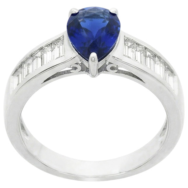 Bague Solitaire Avec Accents De Diamants Baguette Saphir Bleu 3.50 Carats
