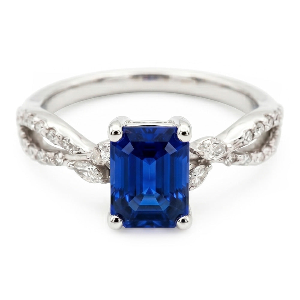 Bague Solitaire Avec Accents Diamants Naturels Extraits des Mines ( et non cultivés en laboratoire ) Marquise & Saphir Bleu 4 Carats
