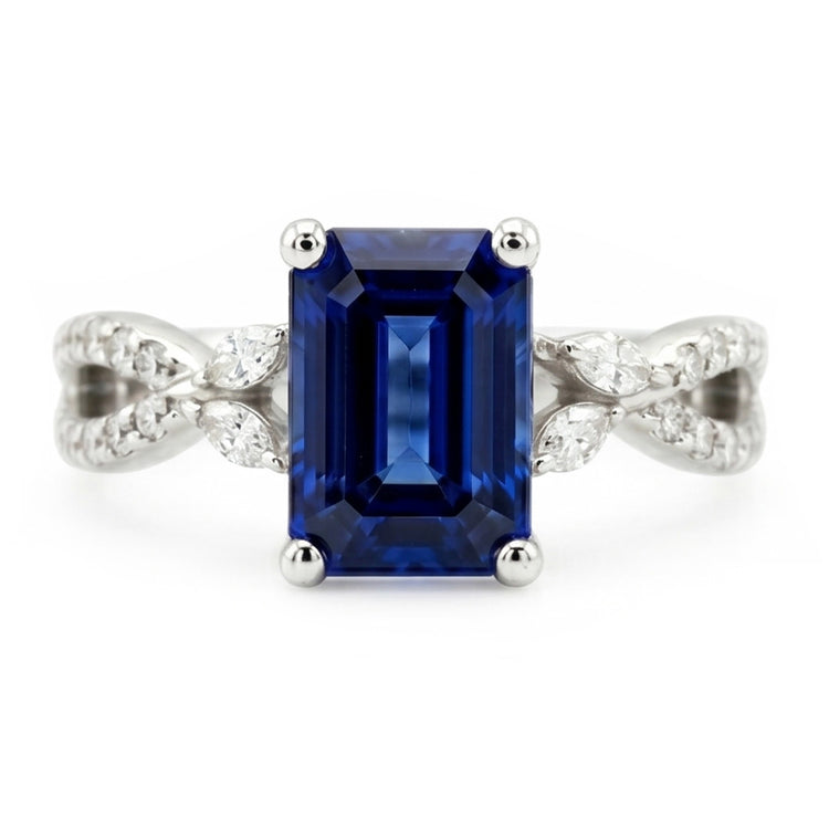 Bague Solitaire Avec Accents Diamants Naturels Extraits des Mines ( et non cultivés en laboratoire ) Marquise & Saphir Bleu 4 Carats