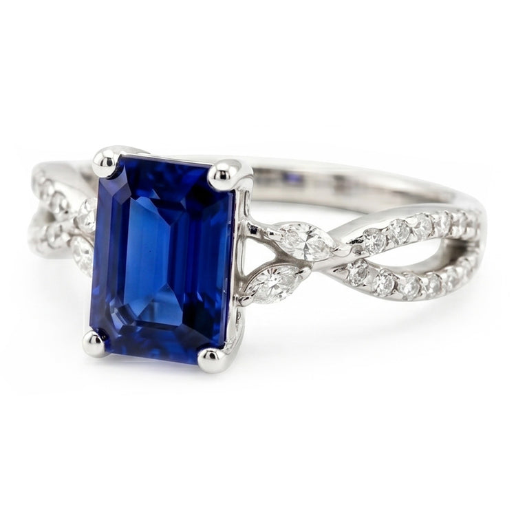 Bague Solitaire Avec Accents Diamants Naturels Extraits des Mines ( et non cultivés en laboratoire ) Marquise & Saphir Bleu 4 Carats