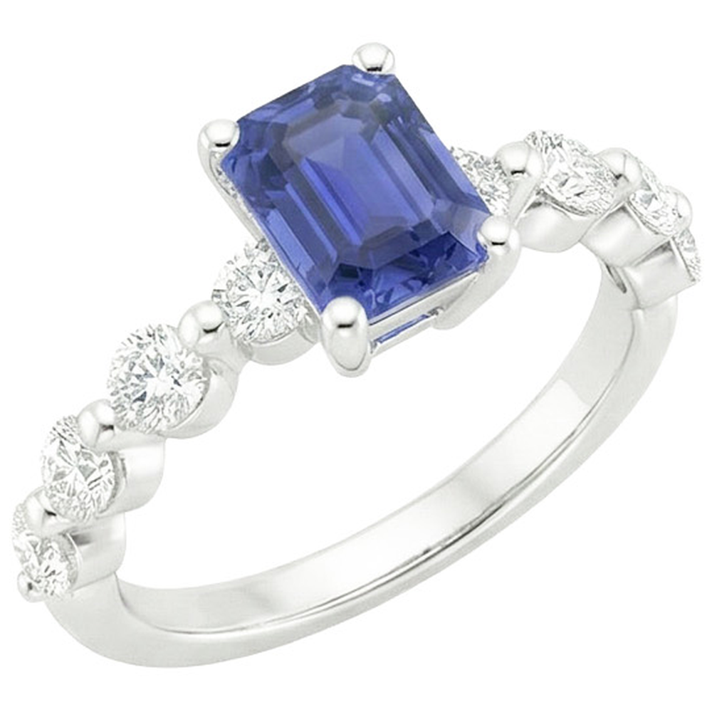 Bague Solitaire Avec Accents Émeraude Saphir Ceylan & Diamant Naturels Extraits des Mines ( et non cultivés en laboratoire ) 4.25 Ct