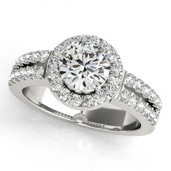 Bague Solitaire Avec Accents Halo 1.50 Carats Réel Diamants Ronds Or Blanc 14K
