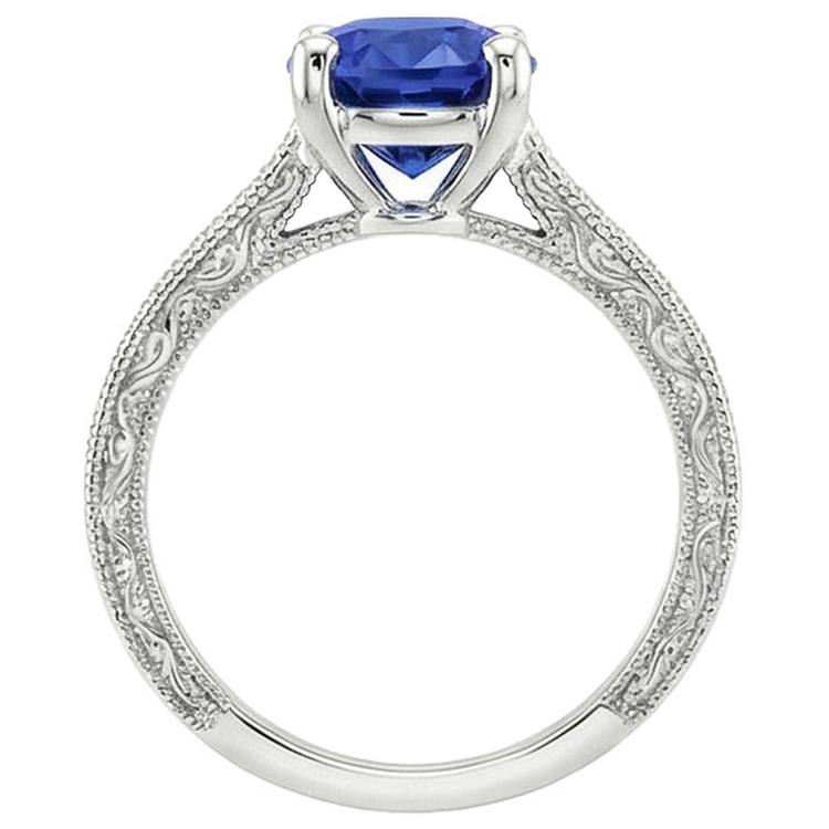 Bague Solitaire Avec Accents Saphir Bleu Tige Milgrain 3 Carats