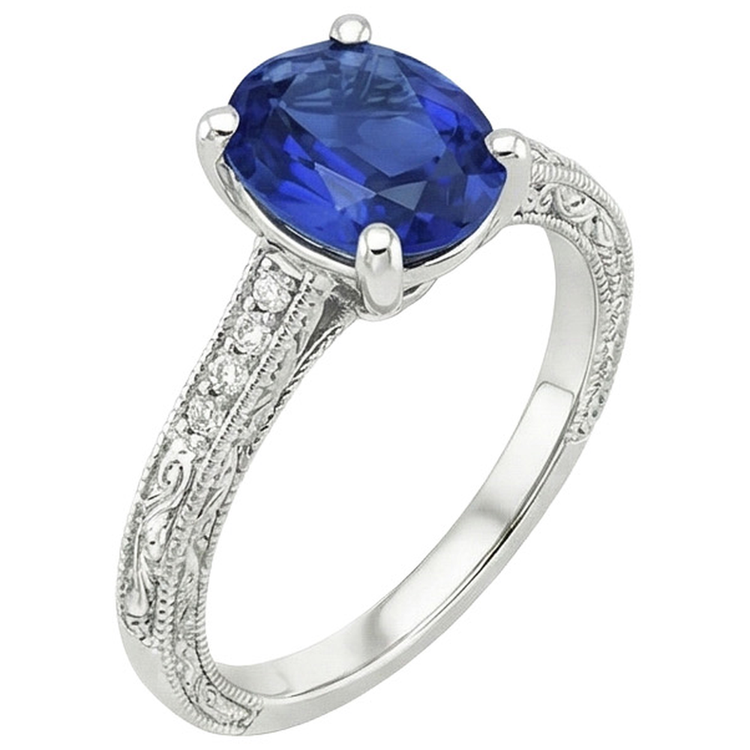 Bague Solitaire Avec Accents Saphir Bleu Tige Milgrain 3 Carats