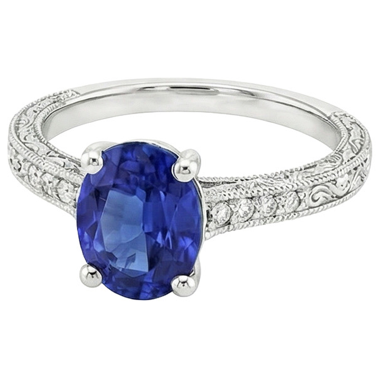 Bague Solitaire Avec Accents Saphir Bleu Tige Milgrain 3 Carats