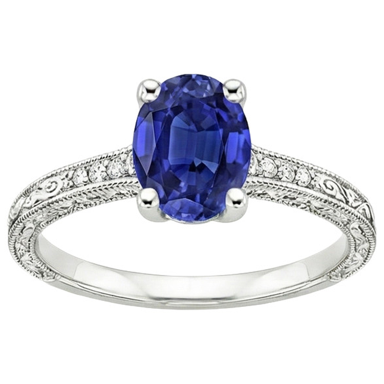 Bague Solitaire Avec Accents Saphir Bleu Tige Milgrain 3 Carats