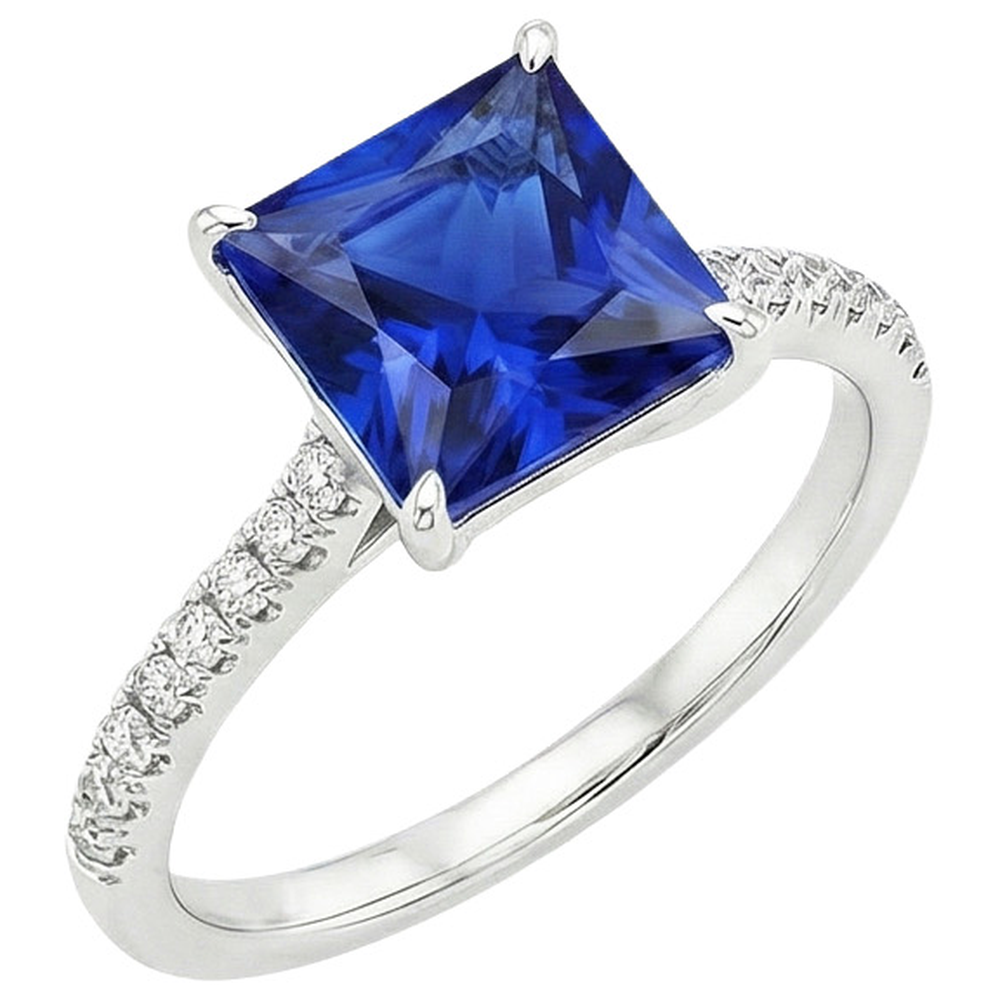 Bague Solitaire Avec Accents Taille Princesse Saphir Ceylan Neuf 6 Carats