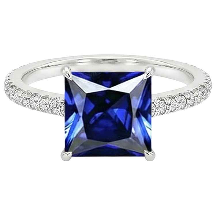 Bague Solitaire Avec Accents Taille Princesse Saphir Ceylan Neuf 6 Carats
