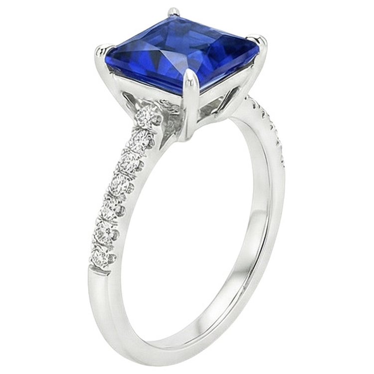 Bague Solitaire Avec Accents Taille Princesse Saphir Ceylan Neuf 6 Carats