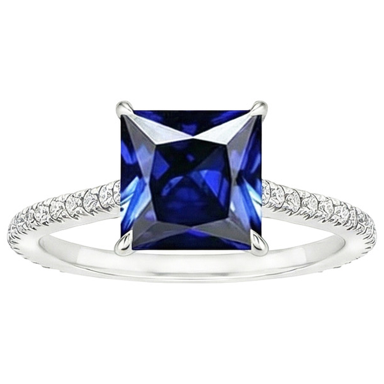 Bague Solitaire Avec Accents Taille Princesse Saphir Ceylan Neuf 6 Carats