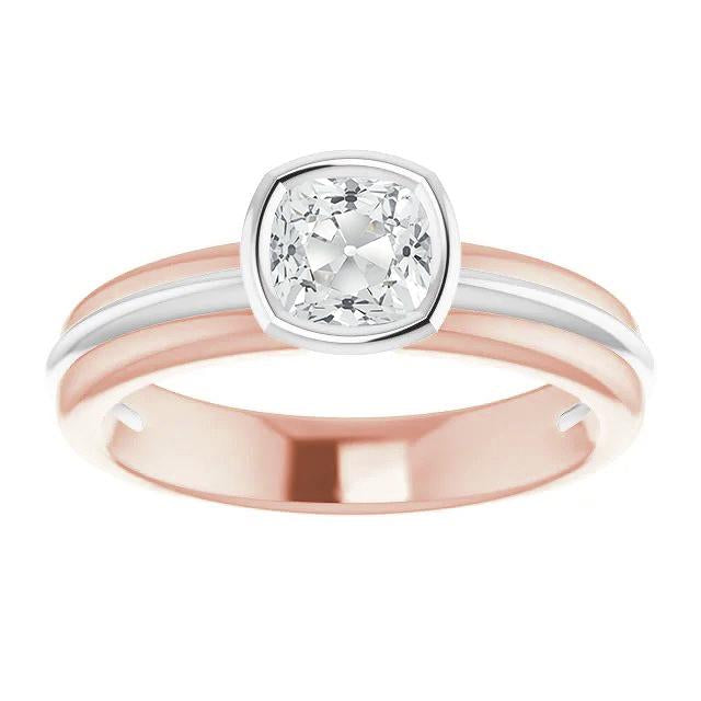 Bague Solitaire Bicolore Coussin Réel Diamant Taille Ancienne Serti 2.20 Carats