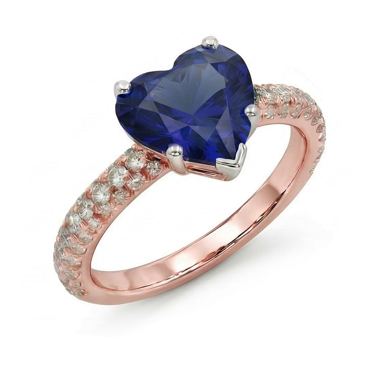 Bague Solitaire Coeur Saphir Bleu Avec Pavé De Diamants 3.50 Carats