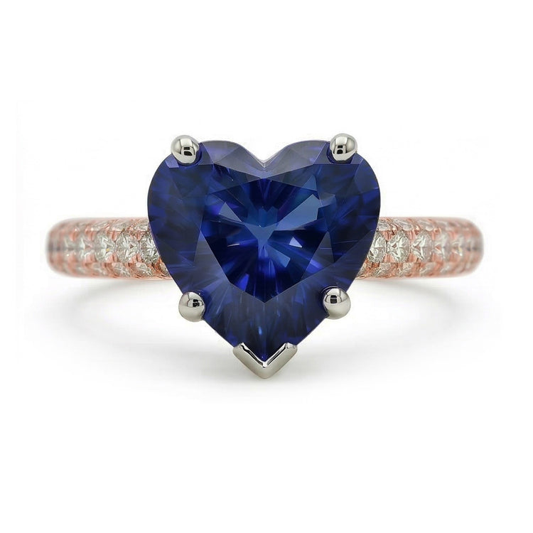 Bague Solitaire Coeur Saphir Bleu Avec Pavé De Diamants 3.50 Carats