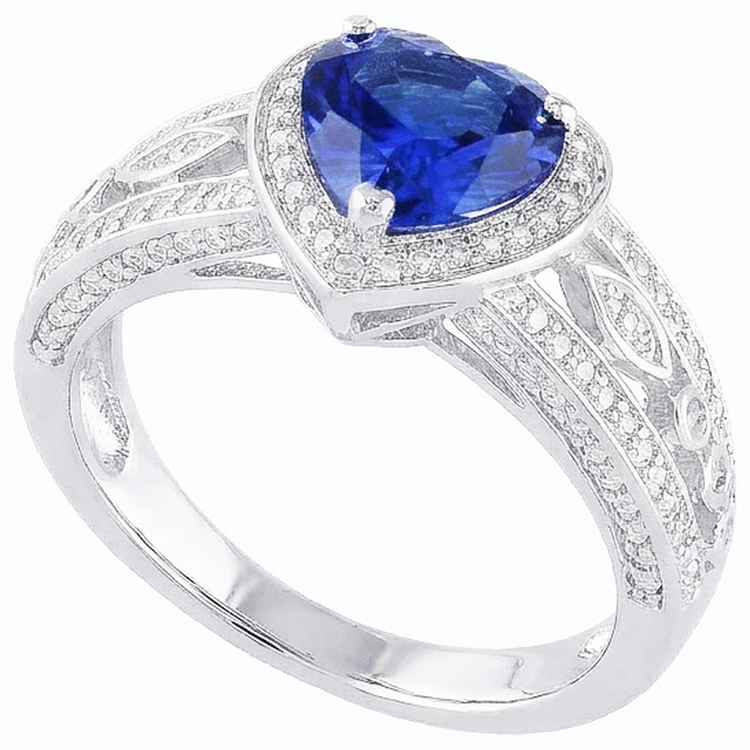 Bague Solitaire Coeur Saphir Bleu Foncé Style Vintage 2 Carats