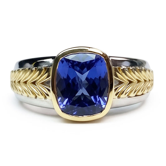 Bague Solitaire Deux Tons Tanzanite Coussin Lunette Sertie 5.50 Carats