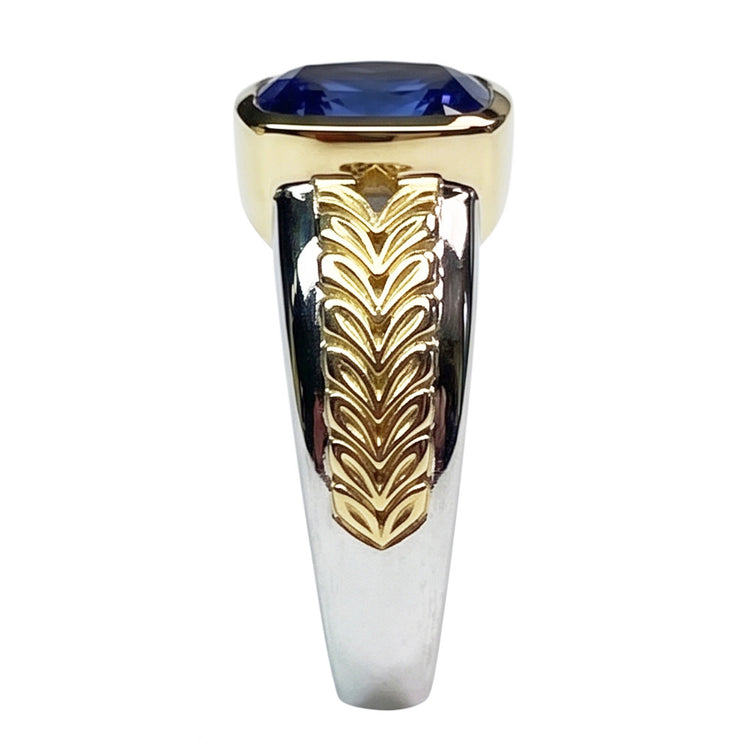 Bague Solitaire Deux Tons Tanzanite Coussin Lunette Sertie 5.50 Carats