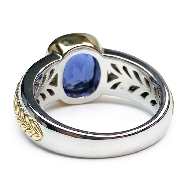 Bague Solitaire Deux Tons Tanzanite Coussin Lunette Sertie 5.50 Carats
