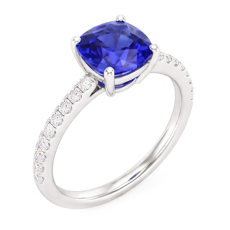 Bague Solitaire Diamant Accents Coussin Forme Saphir Ceylan 3 Carats