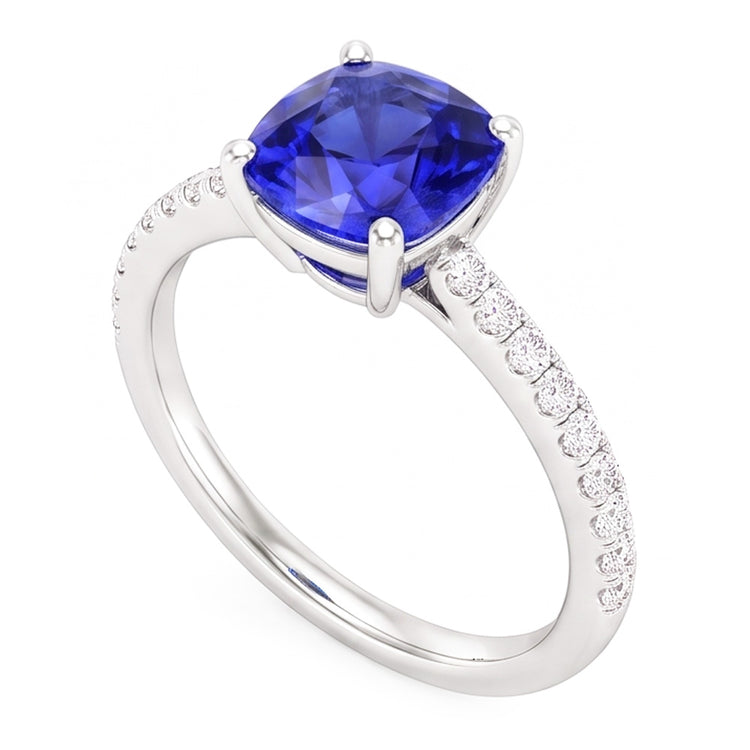 Bague Solitaire Diamant Accents Coussin Forme Saphir Ceylan 3 Carats
