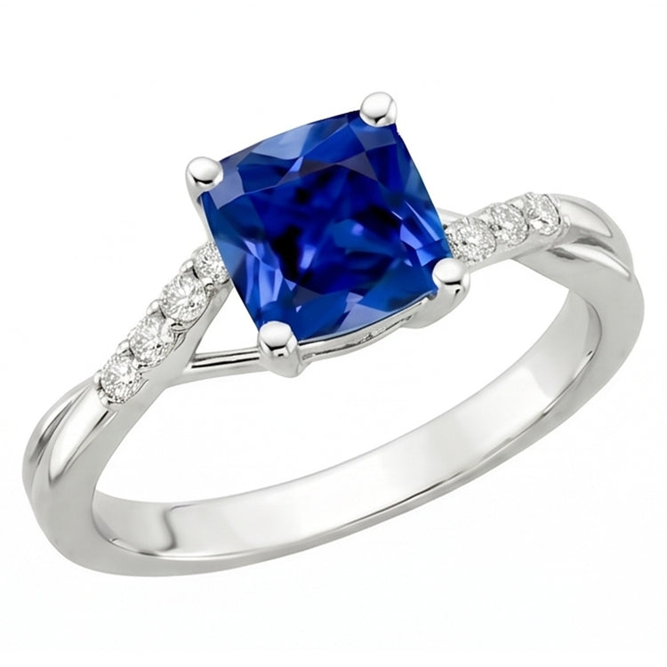 Bague Solitaire Diamant Naturels Extraits des Mines ( et non cultivés en laboratoire ) Coussin Saphir Bleu Avec Accents 2.50 Carats