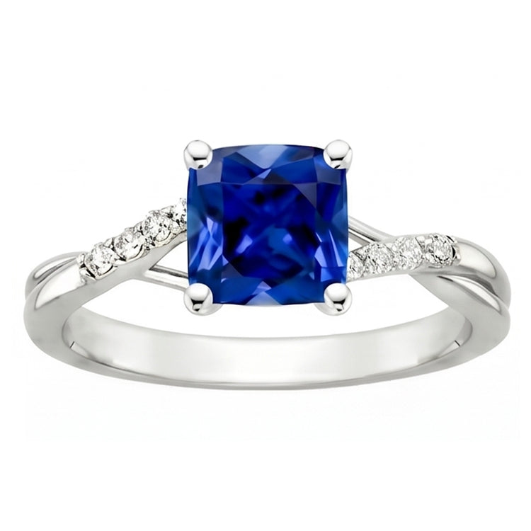 Bague Solitaire Diamant Naturels Extraits des Mines ( et non cultivés en laboratoire ) Coussin Saphir Bleu Avec Accents 2.50 Carats