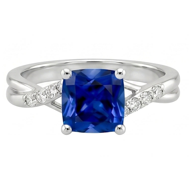 Bague Solitaire Diamant Naturels Extraits des Mines ( et non cultivés en laboratoire ) Coussin Saphir Bleu Avec Accents 2.50 Carats