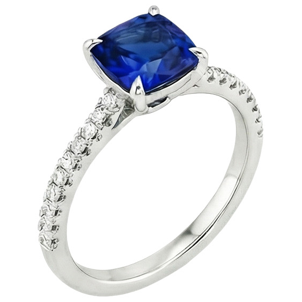 Bague Solitaire Diamant Naturels Extraits des Mines ( et non cultivés en laboratoire ) Coussin Saphir Bleu Avec Accents 3.25 Carats