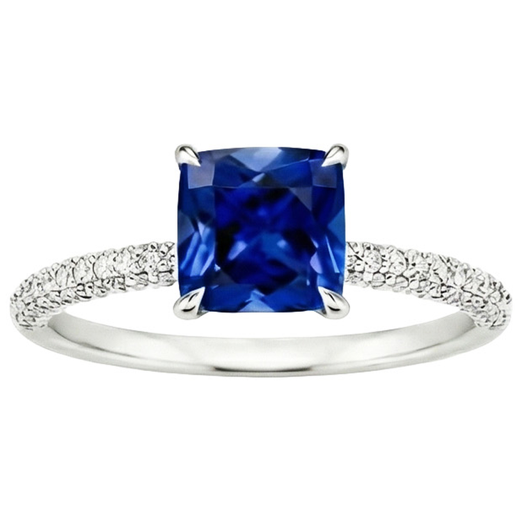 Bague Solitaire Diamant Naturels Extraits des Mines ( et non cultivés en laboratoire ) Coussin Saphir Bleu Avec Accents 3.25 Carats