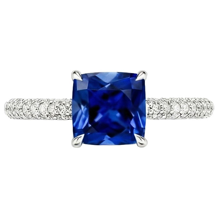 Bague Solitaire Diamant Naturels Extraits des Mines ( et non cultivés en laboratoire ) Coussin Saphir Bleu Avec Accents 3.25 Carats