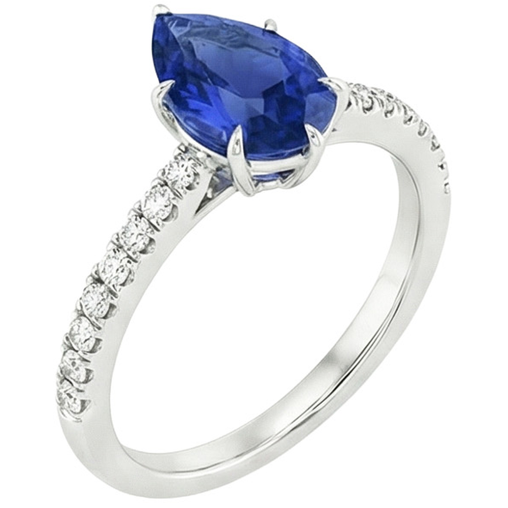Bague Solitaire Diamant Naturels Extraits des Mines ( et non cultivés en laboratoire ) & Poire Saphir Bleu Avec Accents 5.25 Carats