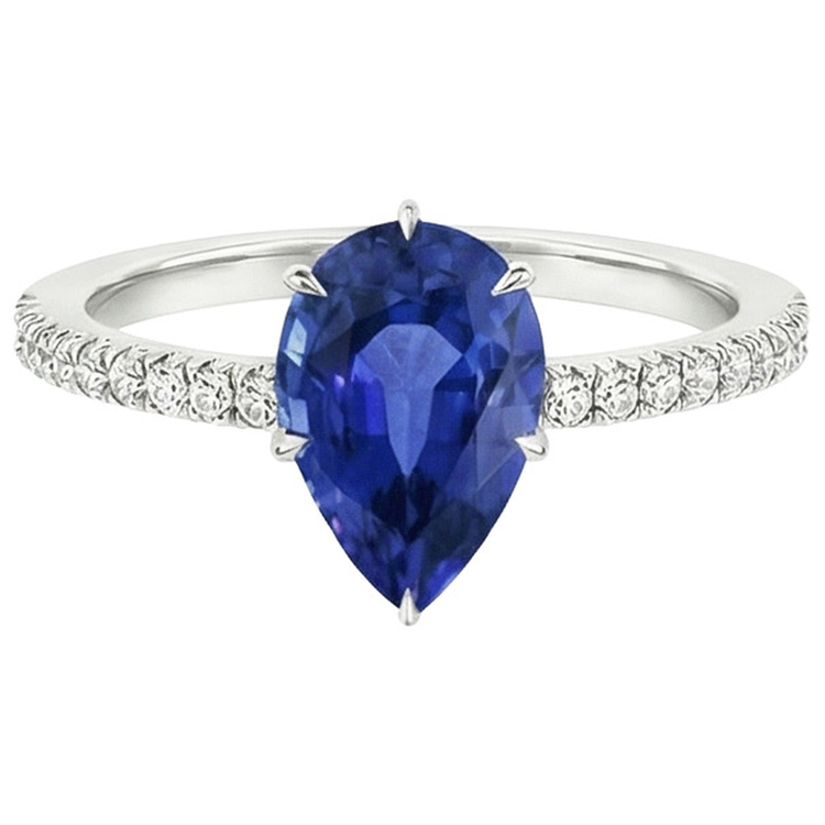 Bague Solitaire Diamant Naturels Extraits des Mines ( et non cultivés en laboratoire ) & Poire Saphir Bleu Avec Accents 5.25 Carats