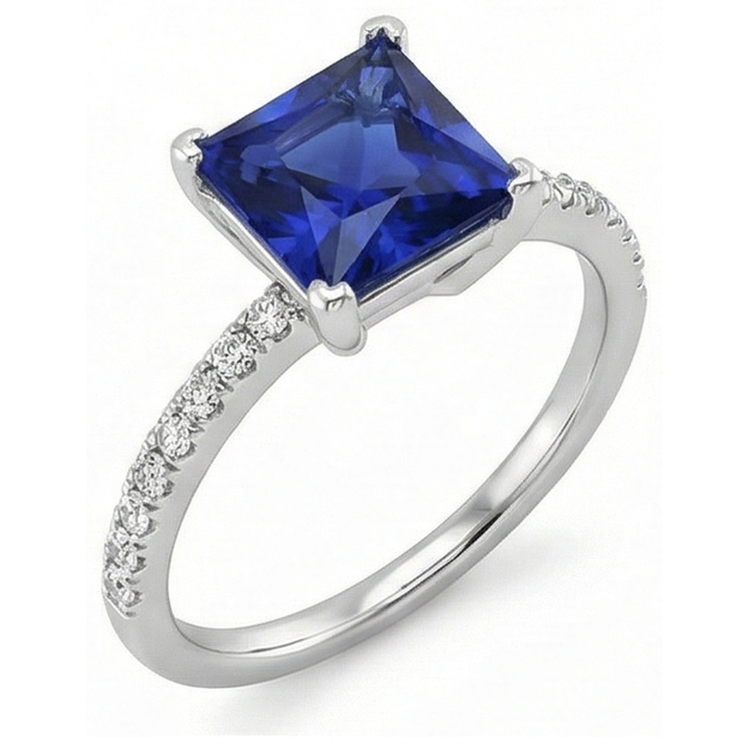 Bague Solitaire Diamant Naturels Extraits des Mines ( et non cultivés en laboratoire ) Princesse Saphir Bleu Avec Accents 5.50 Carats