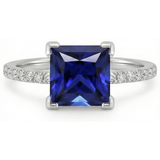 Bague Solitaire Diamant Naturels Extraits des Mines ( et non cultivés en laboratoire ) Princesse Saphir Bleu Avec Accents 5.50 Carats