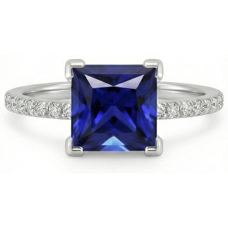 Bague Solitaire Diamant Naturels Extraits des Mines ( et non cultivés en laboratoire ) Princesse Saphir Bleu Avec Accents 5.50 Carats