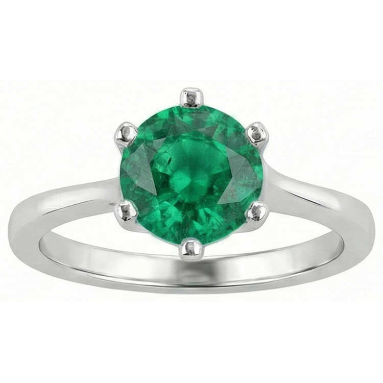 Bague Solitaire Émeraude Verte Ronde 3 Carats Or Blanc 14K