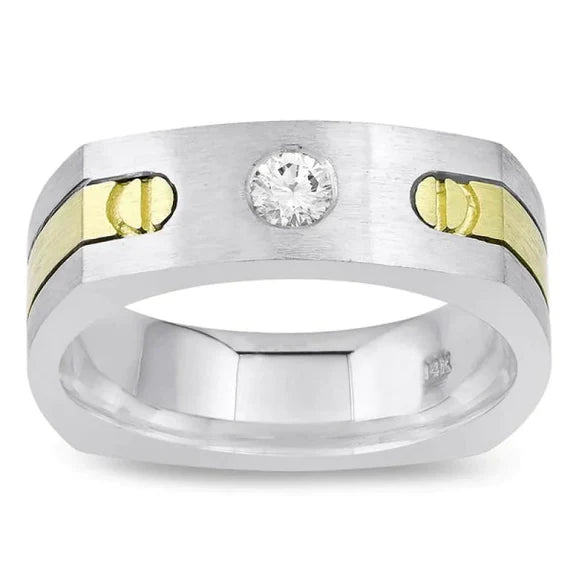 Bague Solitaire Euro Shank Homme Réel Diamant Rond Deux Tons