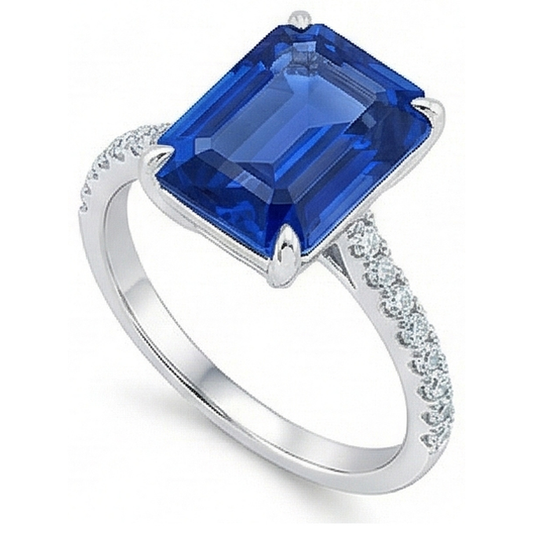Bague Solitaire Femme Saphir Bleu Emeraude Diamants Accentués 5 Carats