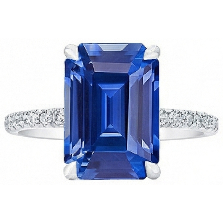 Bague Solitaire Femme Saphir Bleu Emeraude Diamants Accentués 5 Carats