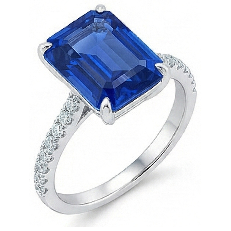 Bague Solitaire Femme Saphir Bleu Emeraude Diamants Accentués 5 Carats