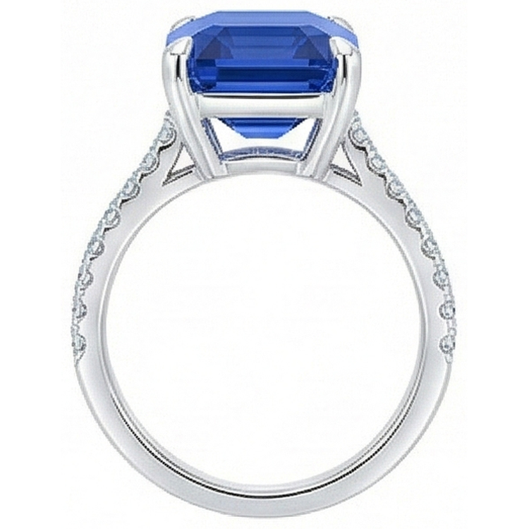 Bague Solitaire Femme Saphir Bleu Emeraude Diamants Accentués 5 Carats