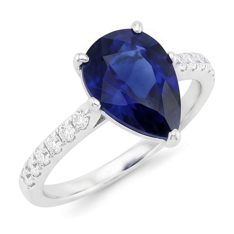 Bague Solitaire Femme Saphir Bleu Poire Avec Accents Diamant 3 Carats