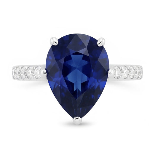 Bague Solitaire Femme Saphir Bleu Poire Avec Accents Diamant 3 Carats