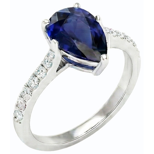 Bague Solitaire Femme Saphir Bleu Poire Avec Accents Diamant 3 Carats