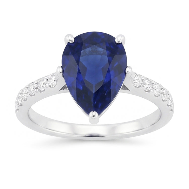 Bague Solitaire Femme Saphir Bleu Poire Avec Accents Diamant 3 Carats