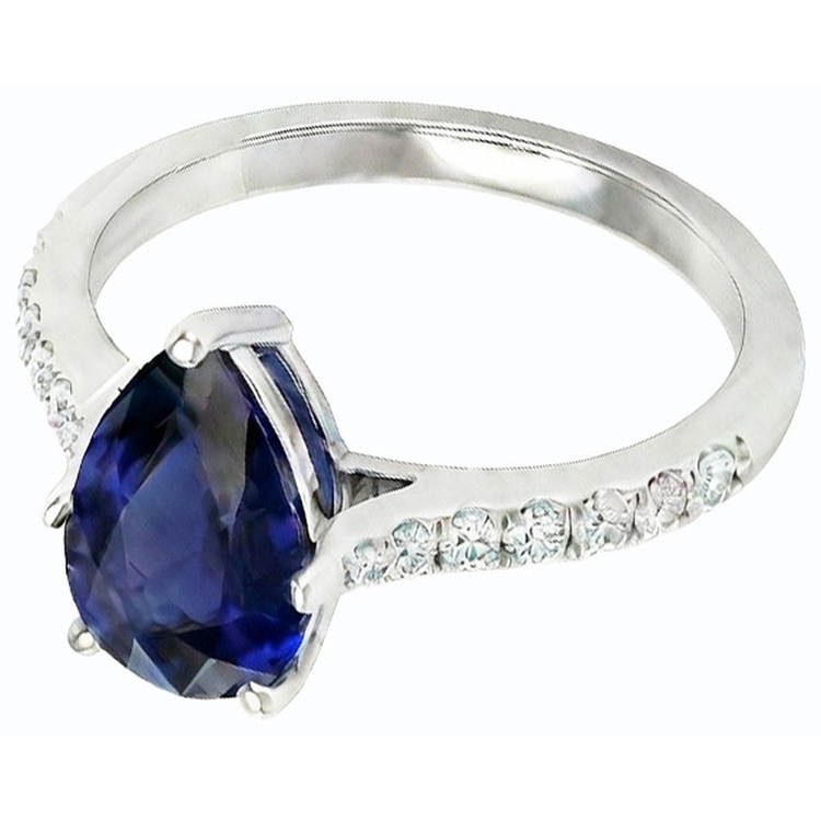 Bague Solitaire Femme Saphir Bleu Poire Avec Accents Diamant 3 Carats