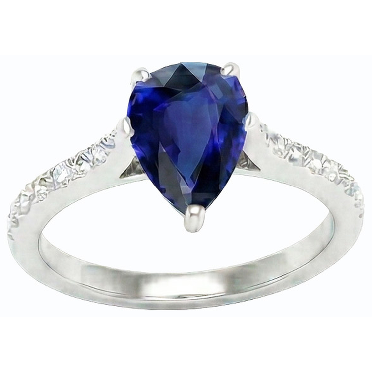 Bague Solitaire Femme Saphir Bleu Poire Avec Accents Diamant 3 Carats