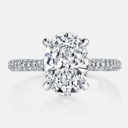 Bague Solitaire Grand Ovale & Petit Réel Diamant 4 Carats Or Blanc 14K