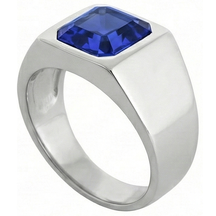Bague Solitaire Homme 1.50 Carats Flush Set Saphir Bleu Asscher Cut